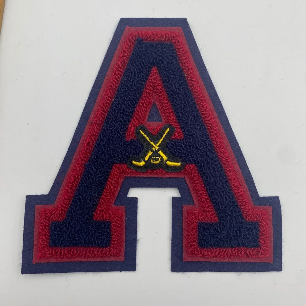 NOS Vintage Chenille Varsity Letter A Patch Navy Blue Red Hockey Sticks 6.5